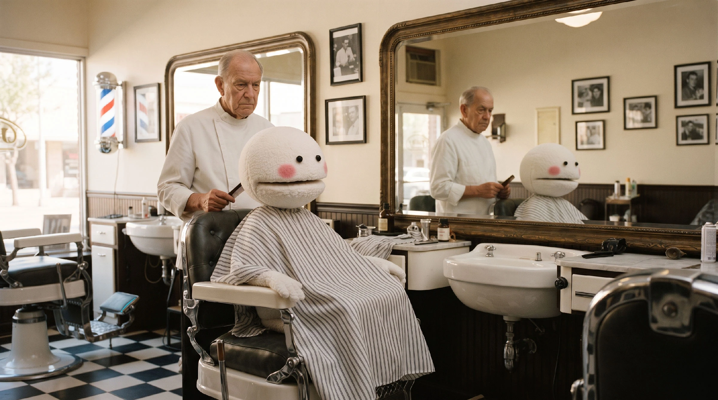 CVS seated in an oversized barber chair draped in a cape, a spinning barber pole visible through the shop window
