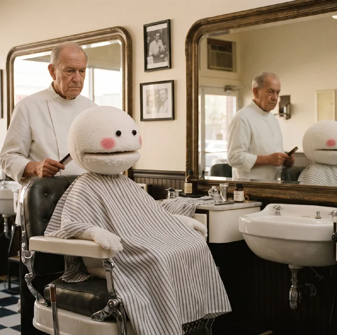 CVS seated in an oversized barber chair draped in a cape, a spinning barber pole visible through the shop window