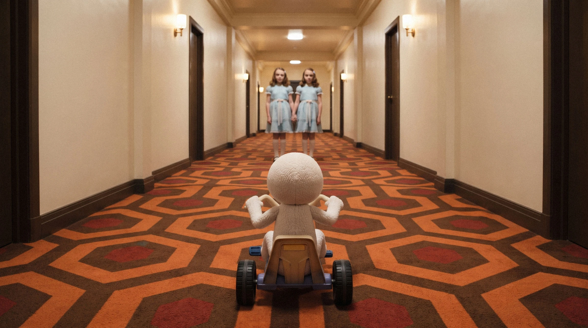 CVS on a Big Wheel in a hotel hallway