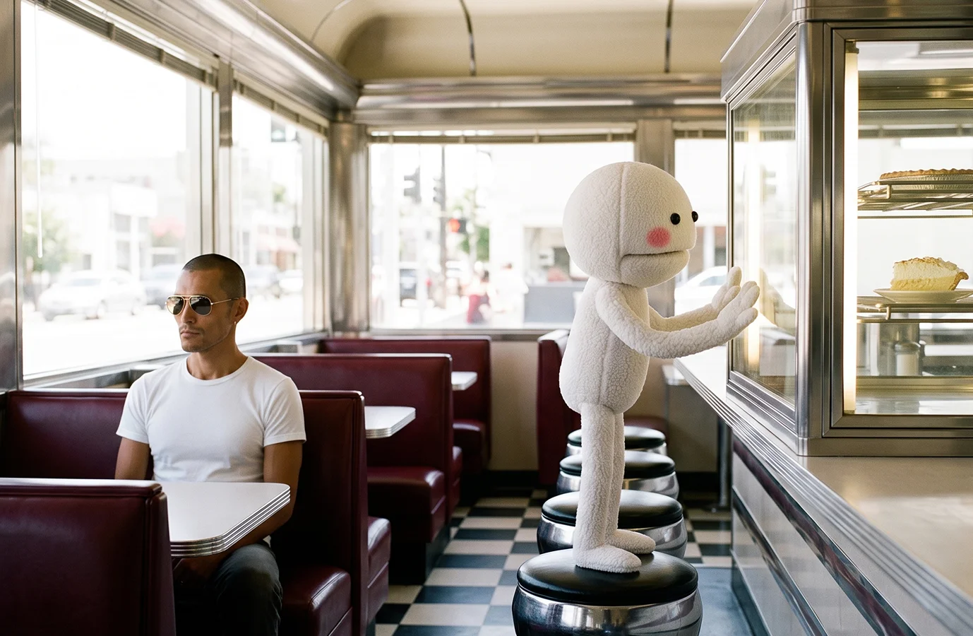 George and CVS sitting in a diner booth