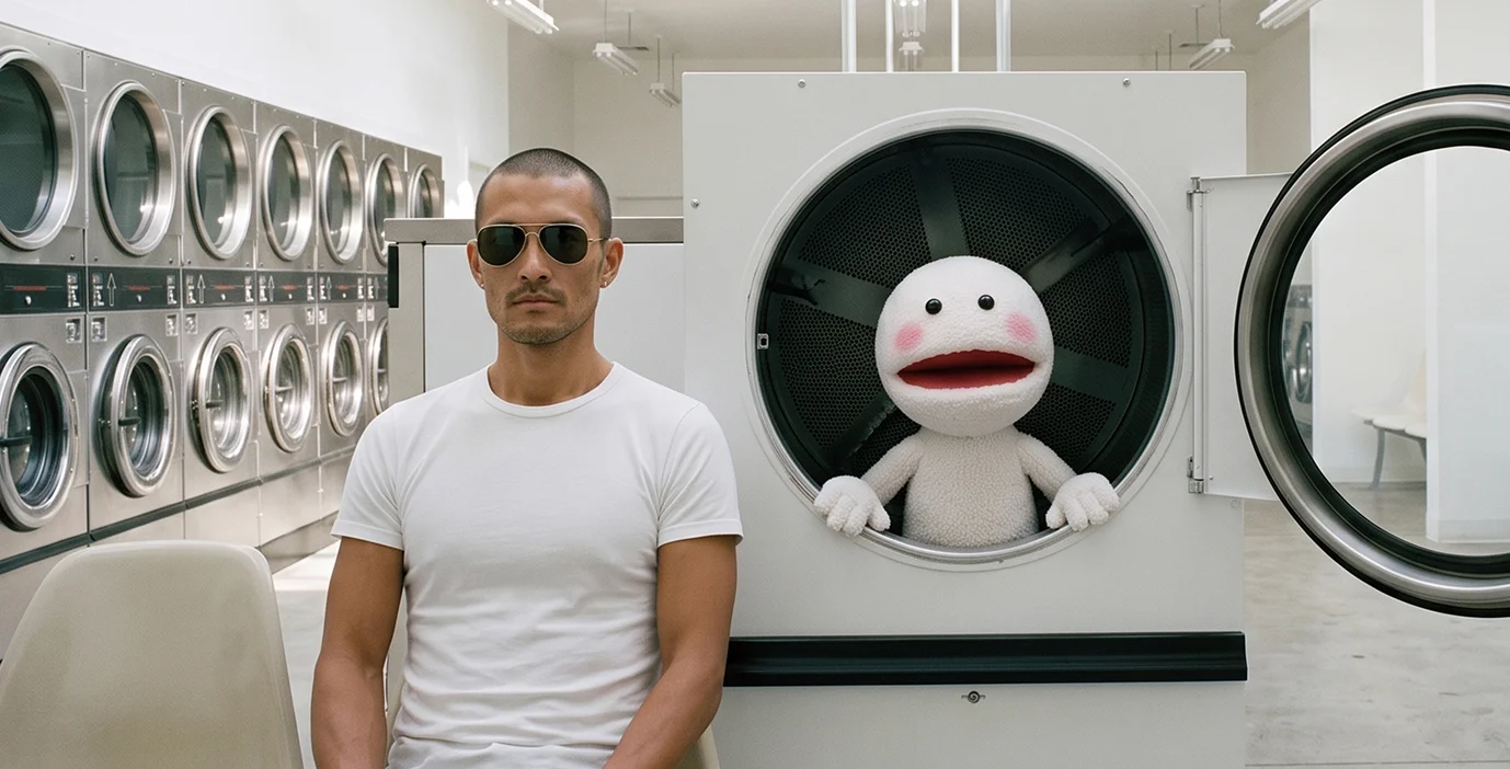George and CVS at a laundromat, CVS standing in front of a washing machine