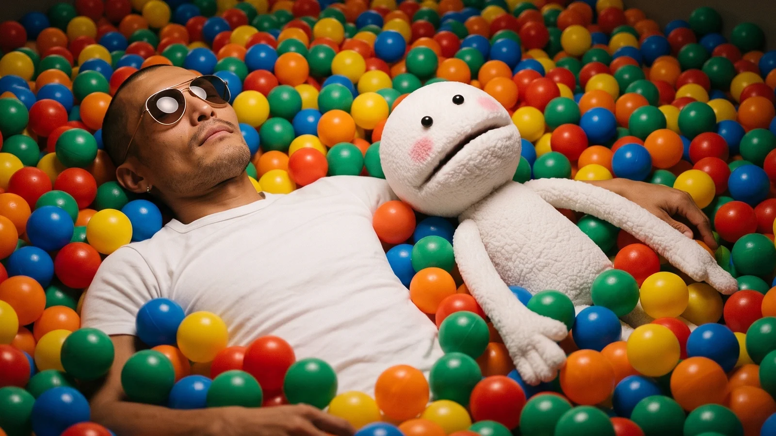 George and CVS lying in a ball pit