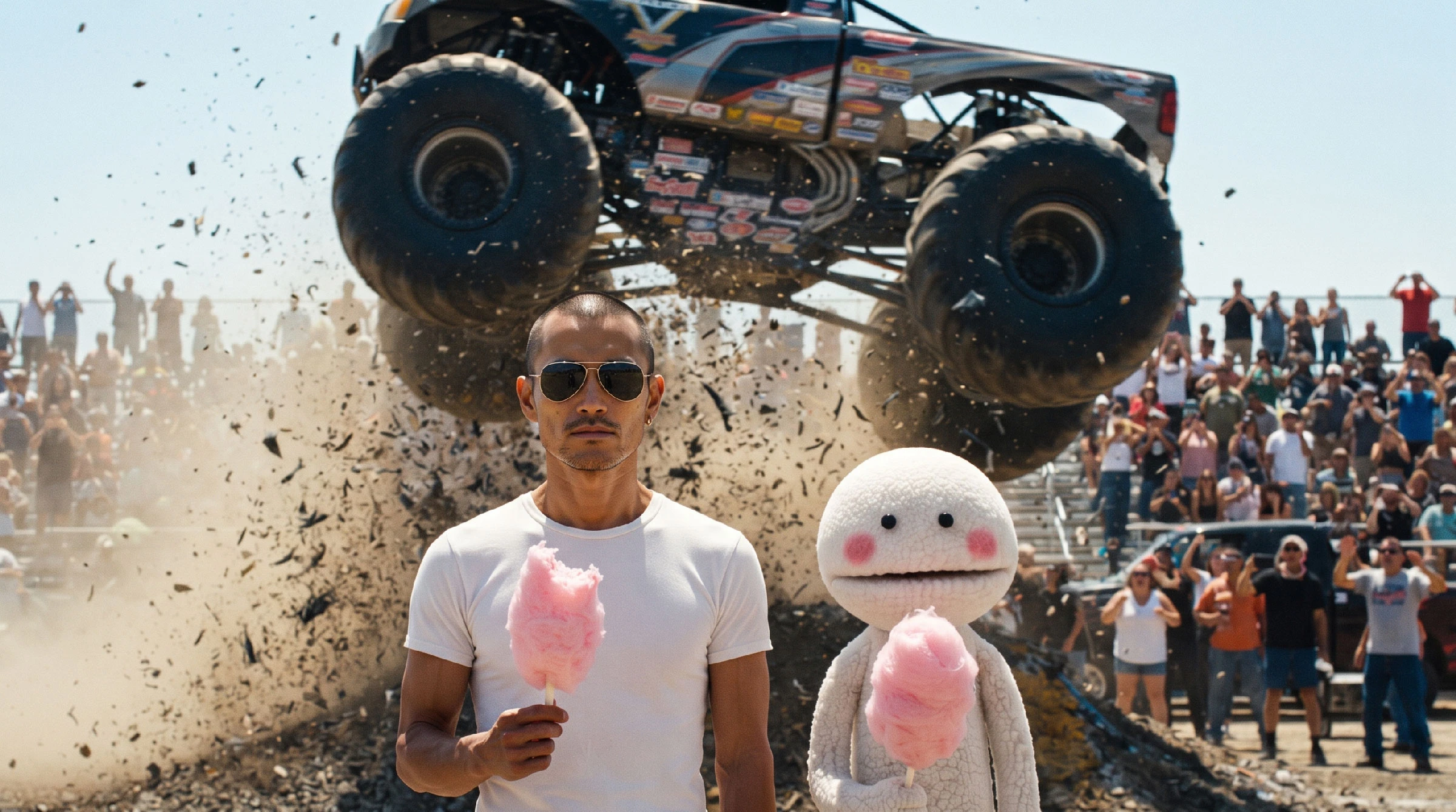 George and CVS at a monster truck rally, both holding cotton candy, a truck airborne in the background
