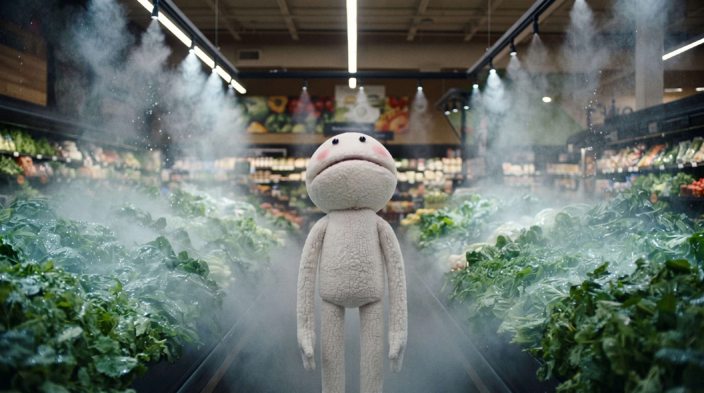 CVS standing in the produce section of a grocery store as the misters fire