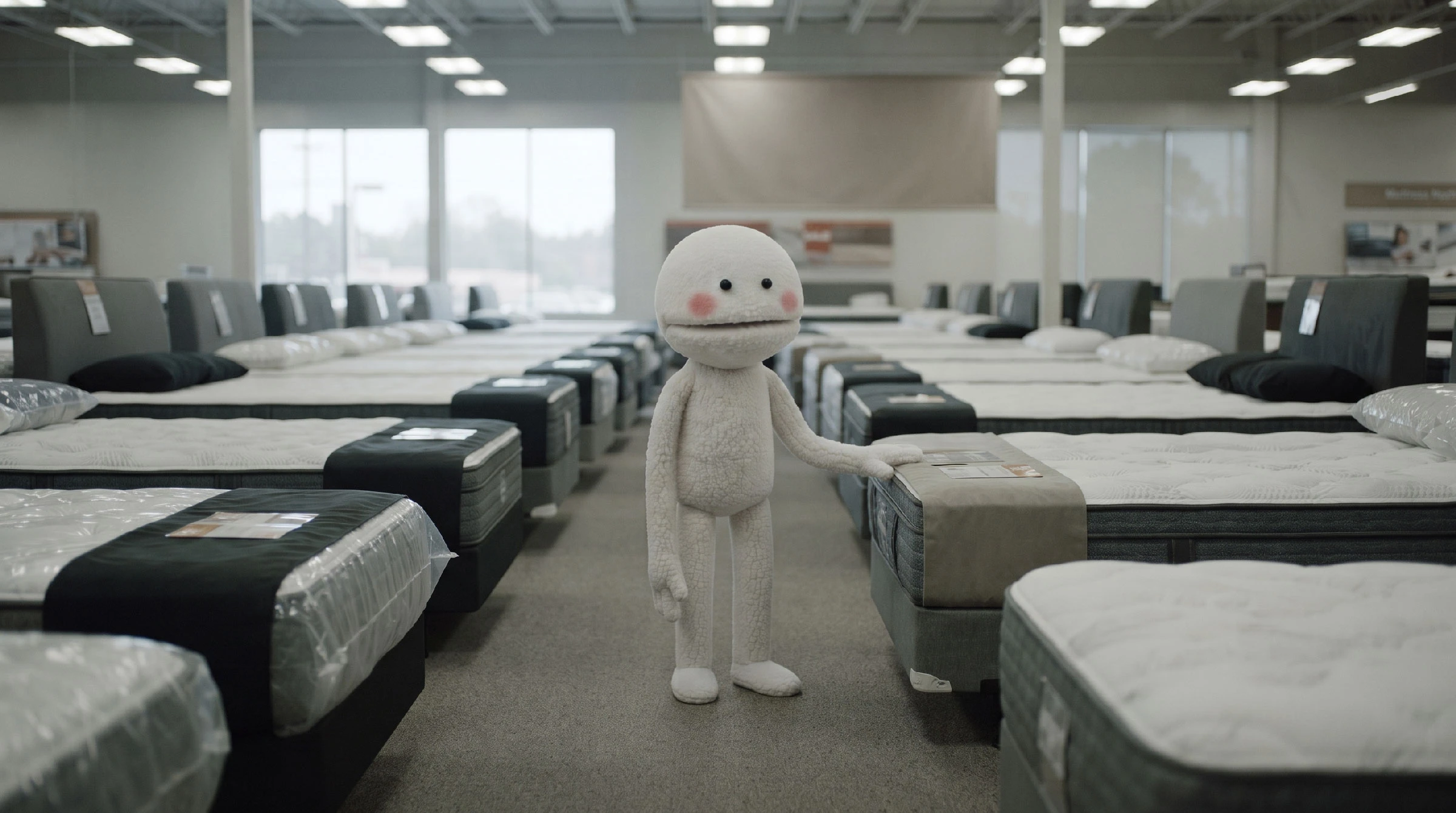 CVS standing alone in an empty mattress store, one hand resting on a mattress tag