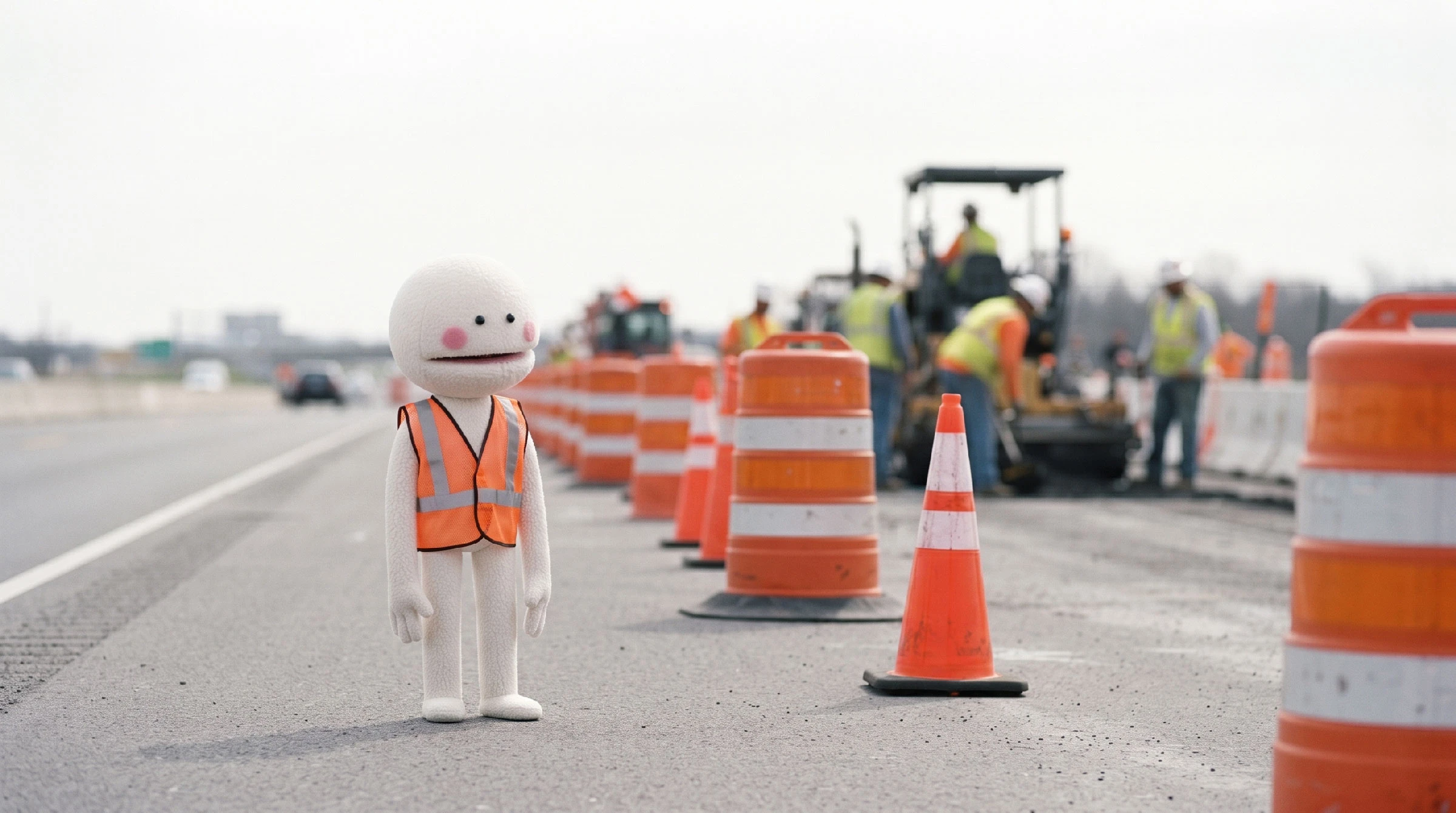 CVS standing at the edge of a highway construction zone in a small safety orange vest, a line of orange traffic barrels beside him