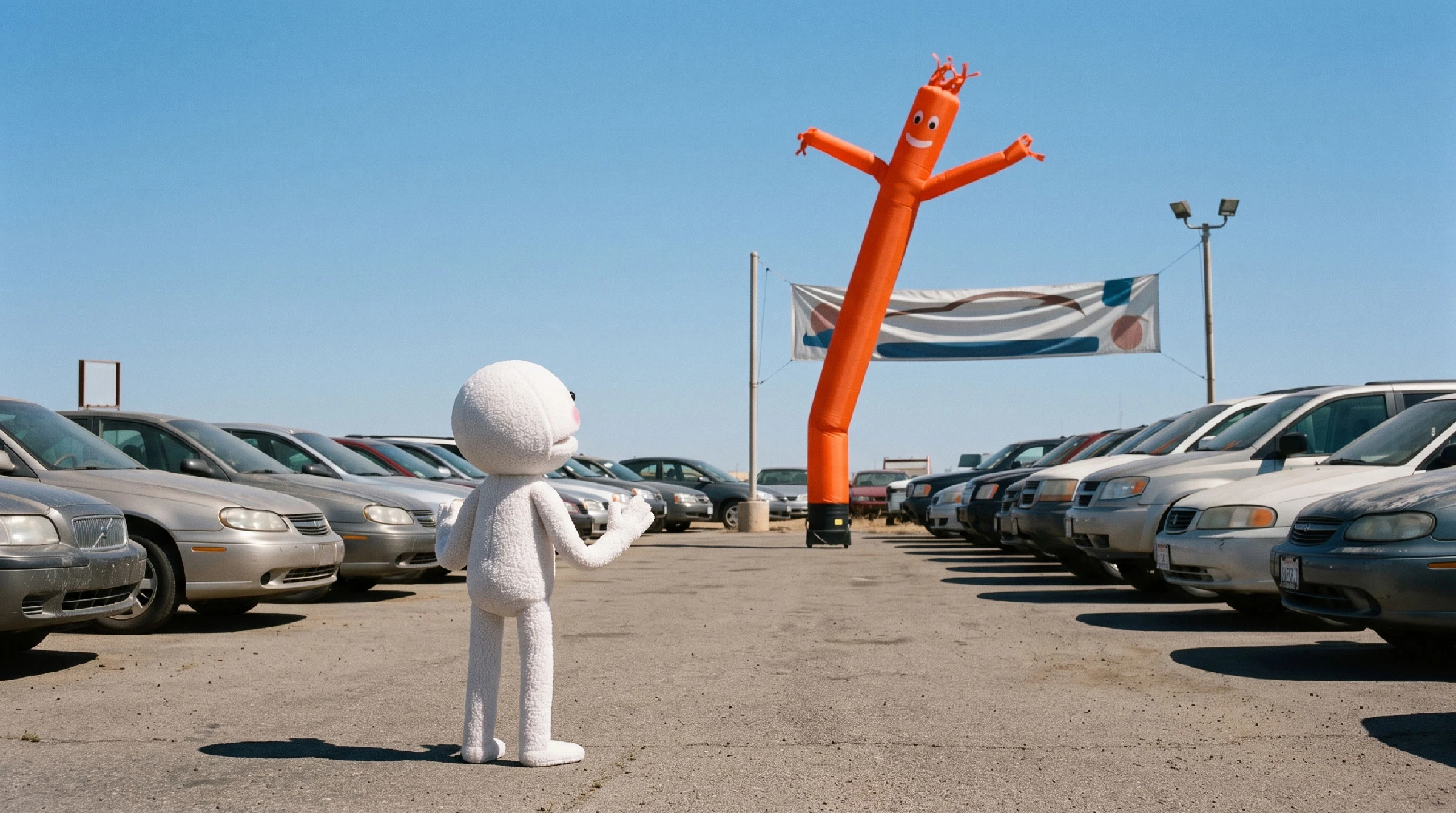 CVS standing in a used car lot facing a large inflatable tube man, both with arms raised