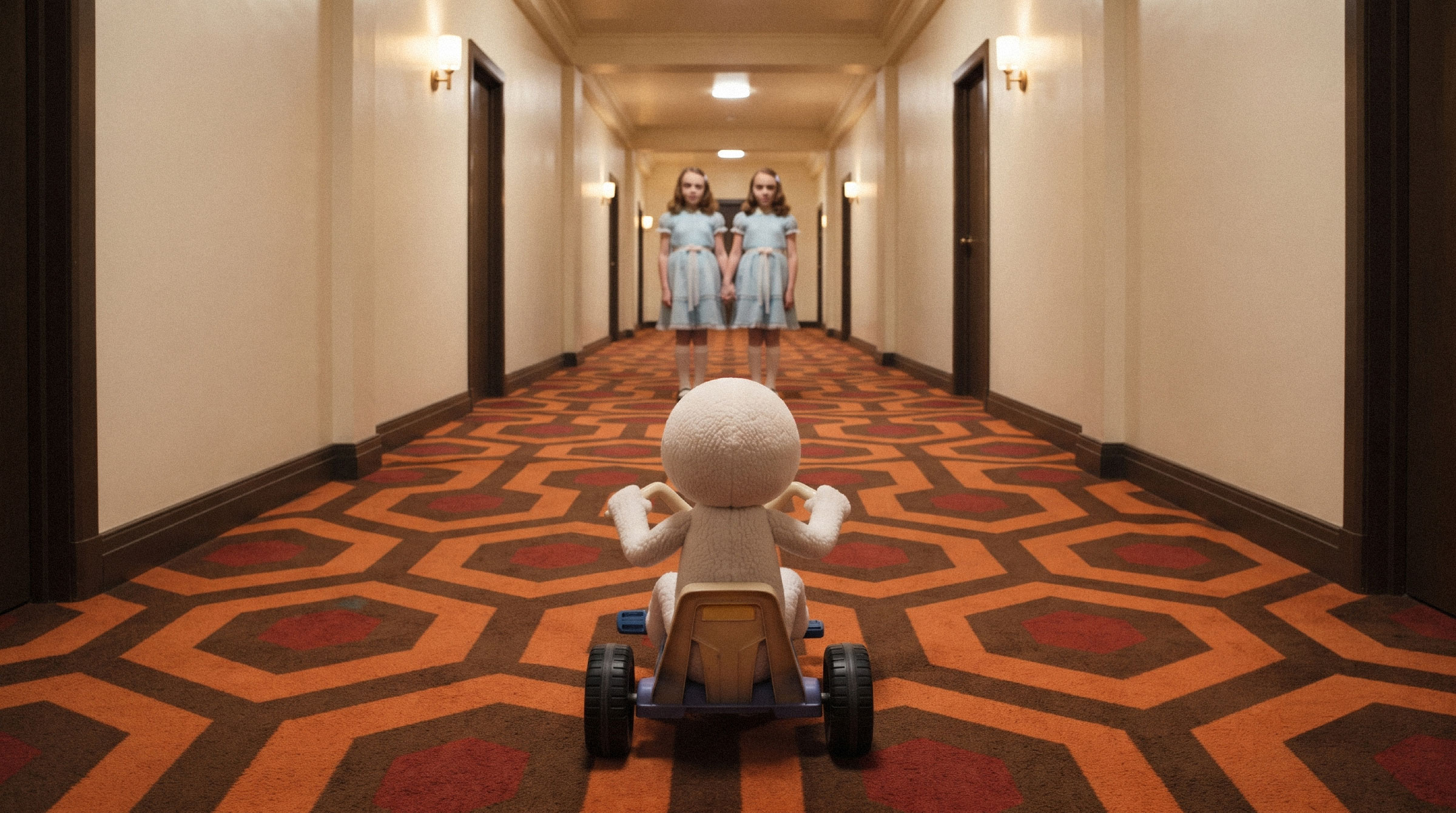 CVS on a Big Wheel in a hotel hallway